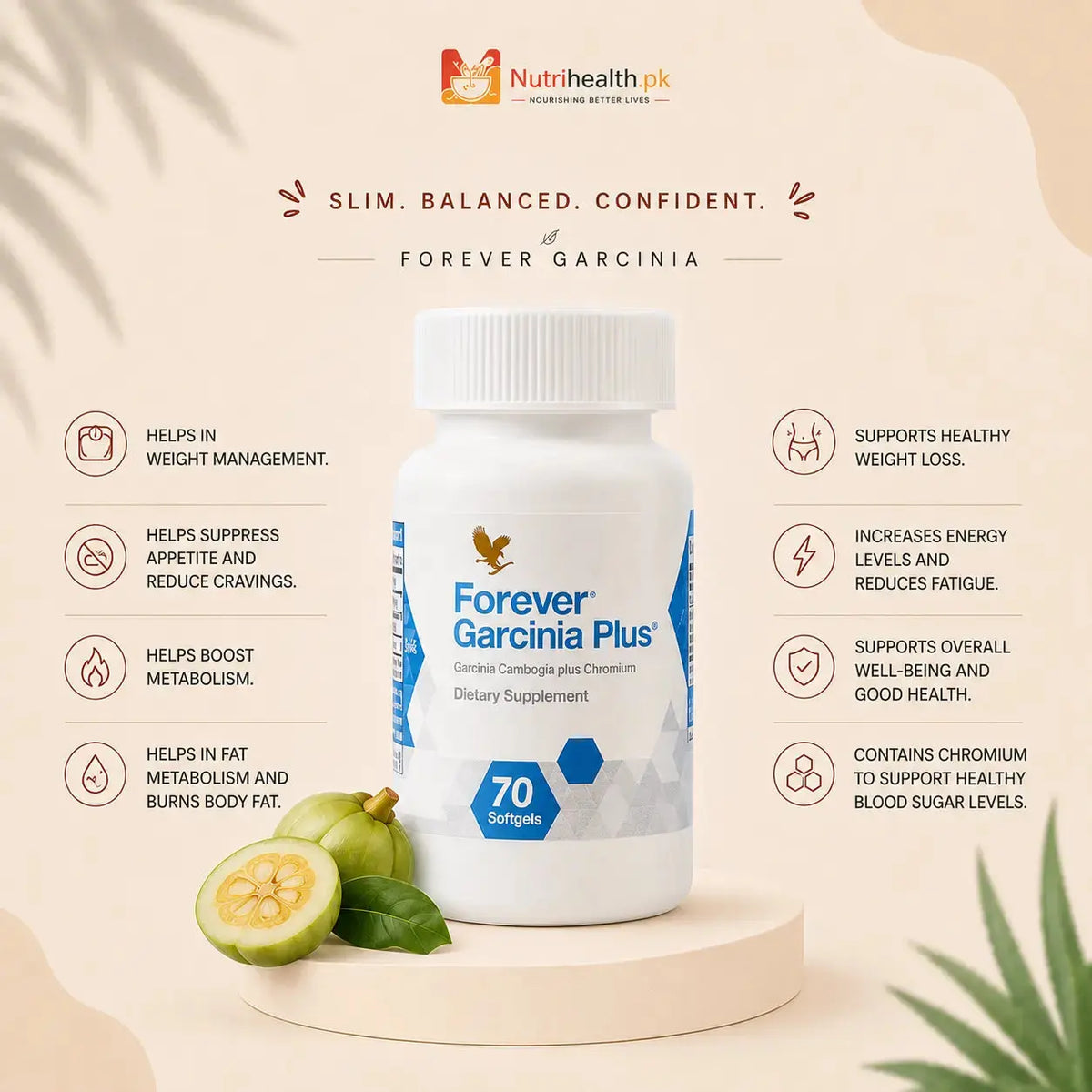 A bottle of Forever Garcinia Plus weight management supplements with brown and gold text, set against a beige background.