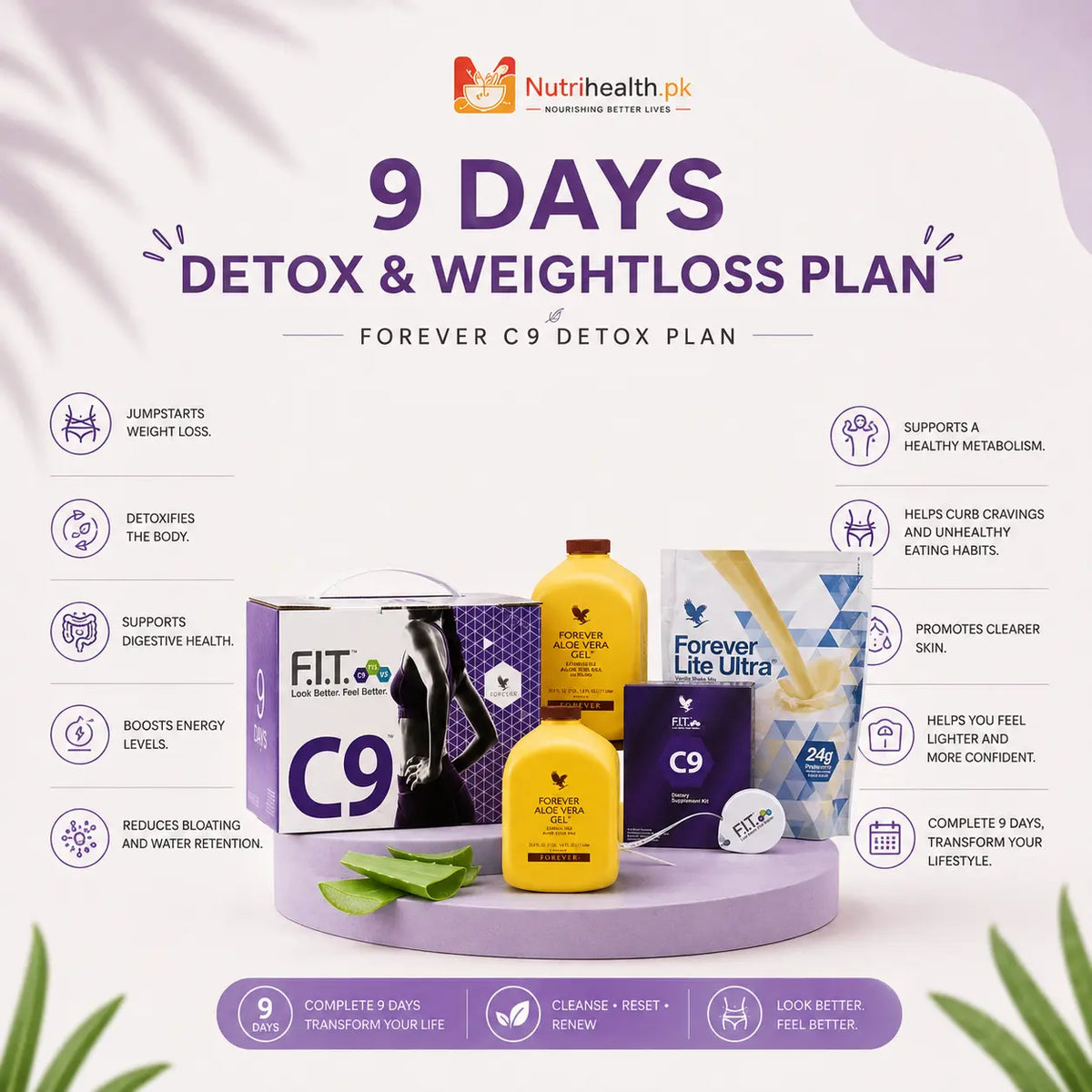 The complete Forever C9 Clean 9 weight management program box with its lifestyle graphics, centered on a neutral beige background.