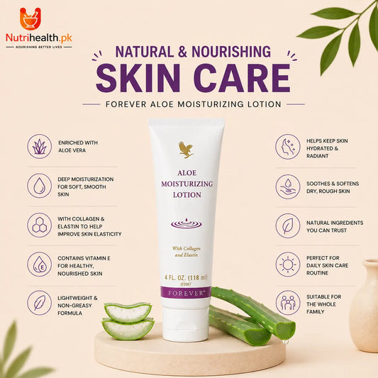 White squeezable tube of Forever Moisturizing Lotion with purple and black text, standing upright on a soft beige background.
