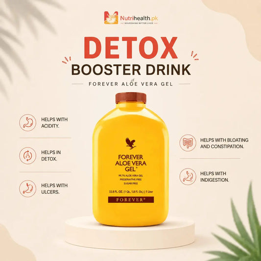 The iconic bright yellow Forever Aloe Vera Gel bottle featuring the green leaf logo, standing upright on a beige background.