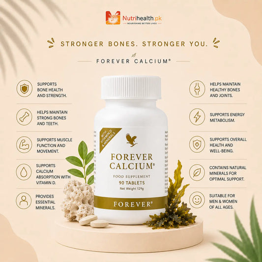 Forever Calcium nutritional supplement bottle with dark blue and silver labeling, placed on a smooth beige background.