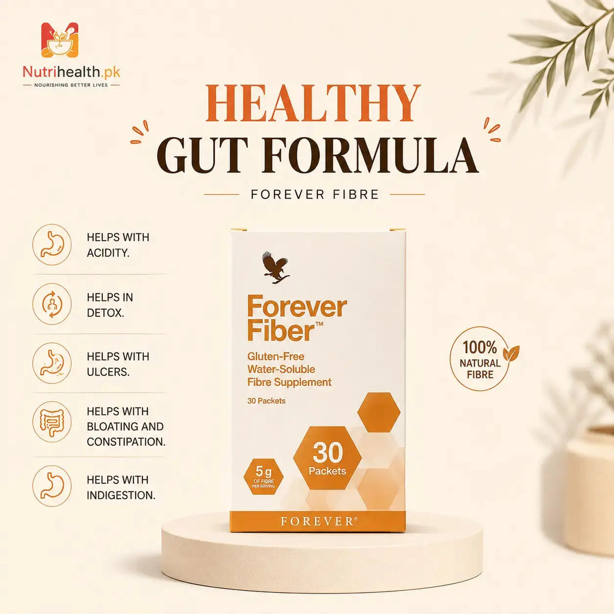 A portion control packet of Forever Fiber water-soluble dietary fiber powder, displayed on a warm beige background.
