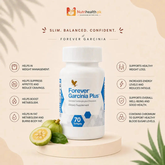 A bottle of Forever Garcinia Plus weight management supplements with brown and gold text, set against a beige background.