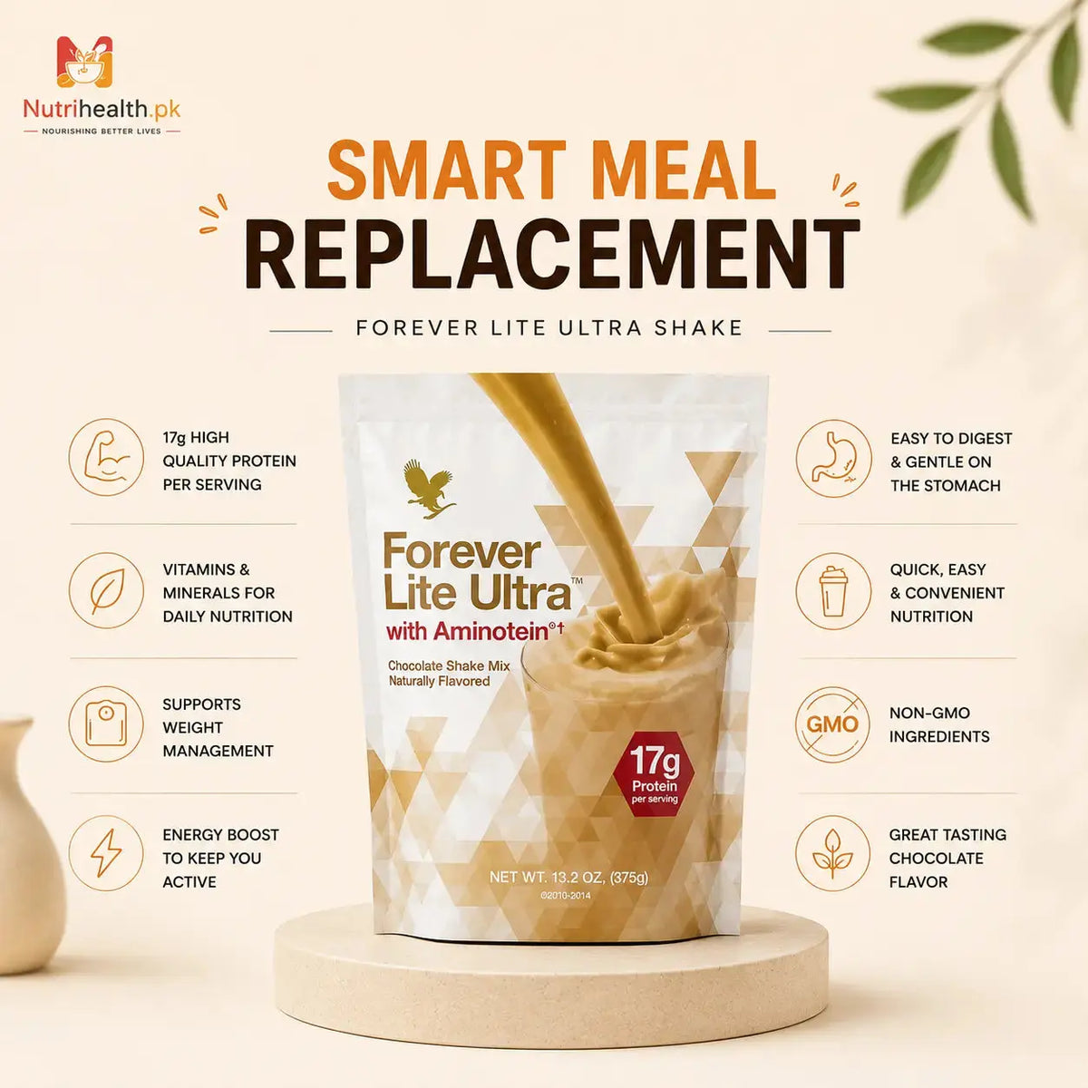 A stand-up pouch of Forever Lite Ultra chocolate shake powder with a gold spoon pouring more shake into a cup, displayed on a beige background.