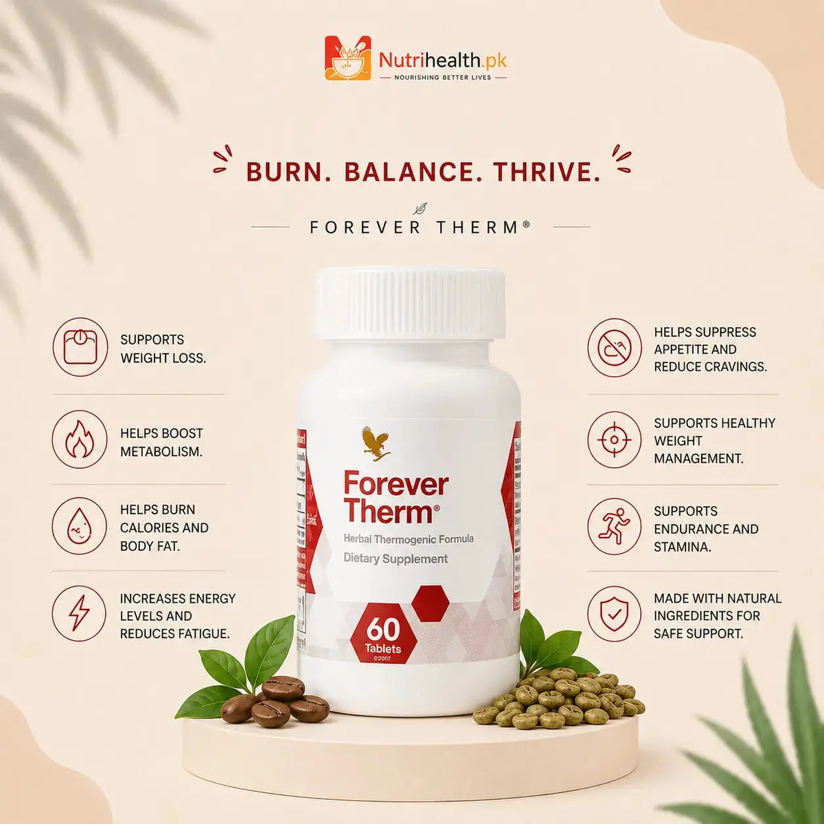 White container of Forever Therm herbal extract supplements with a bright orange and black label on a beige background.