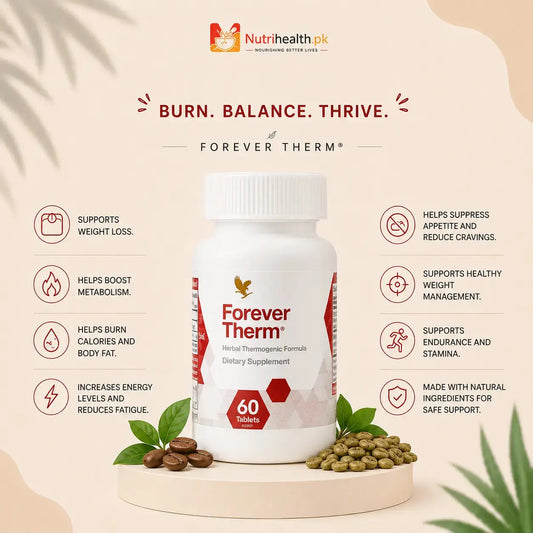 White container of Forever Therm herbal extract supplements with a bright orange and black label on a beige background.