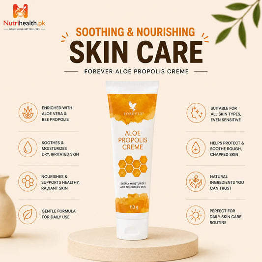 A tube of Forever Aloe Propolis Creme centered on a beige background. The product tube is white with orange honeycomb graphics and a yellow FOREVER logo.