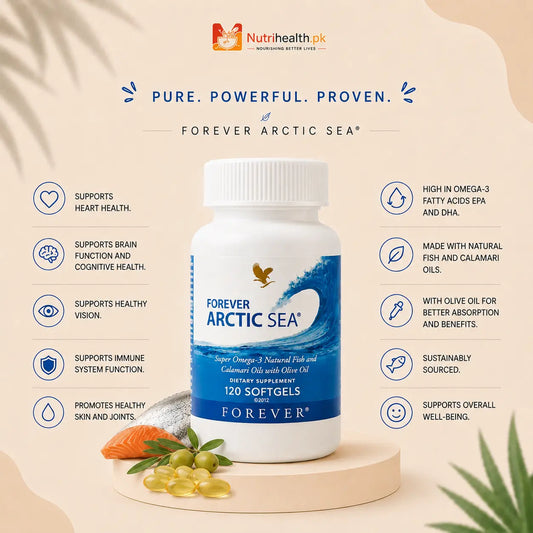 White bottle of Forever Arctic Sea omega-3 softgels featuring blue ocean branding text, resting on a beige background.