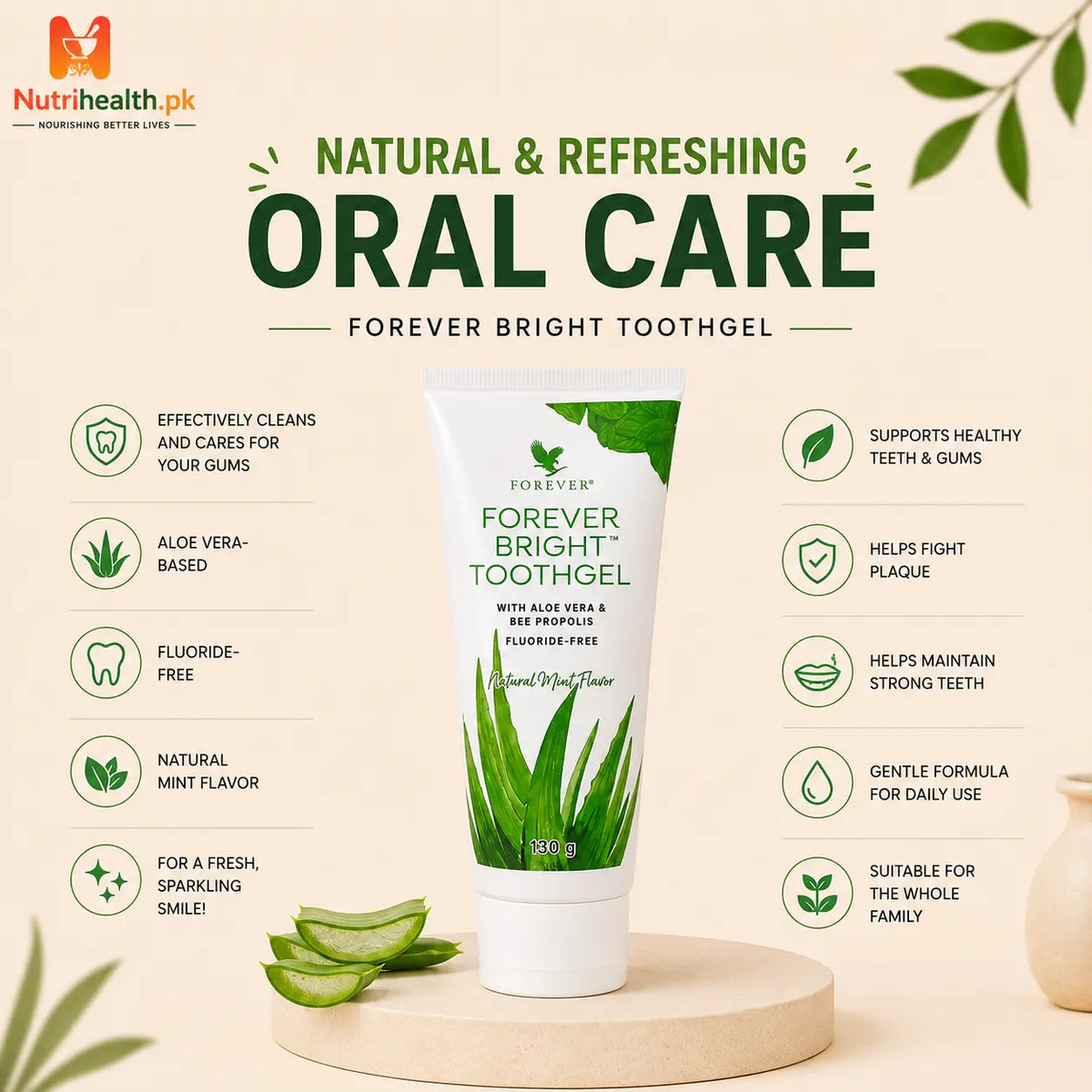 Forever Bright Toothgel in a white and green squeezable tube standing upright against a solid beige background.