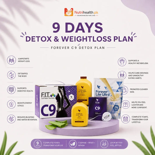 The complete Forever C9 Clean 9 weight management program box with its lifestyle graphics, centered on a neutral beige background.