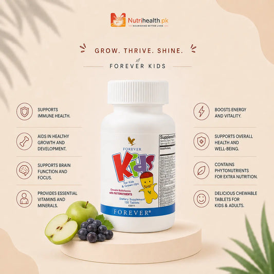 White plastic bottle of Forever Kids chewable multivitamins with a colorful, kid-friendly label design on a beige background.
